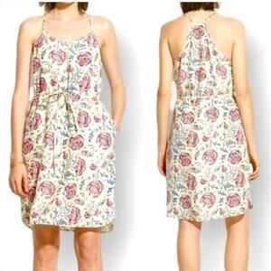 Madewell 100% Silk Floral Dress‎ Waist Tie with Pockets Cream Gray Red, Size 4